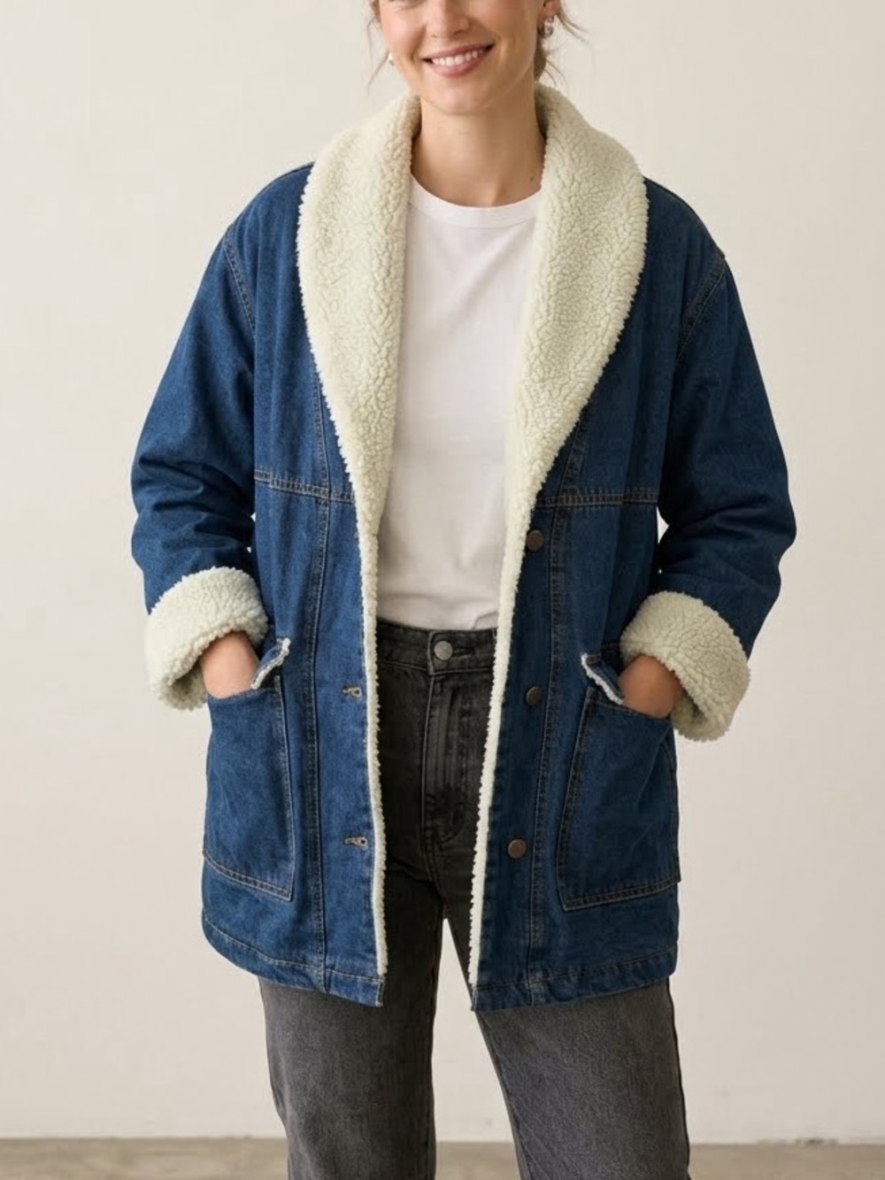 Ashley Vintage Charm Sherpa Lined Denim Chore Jacket Large